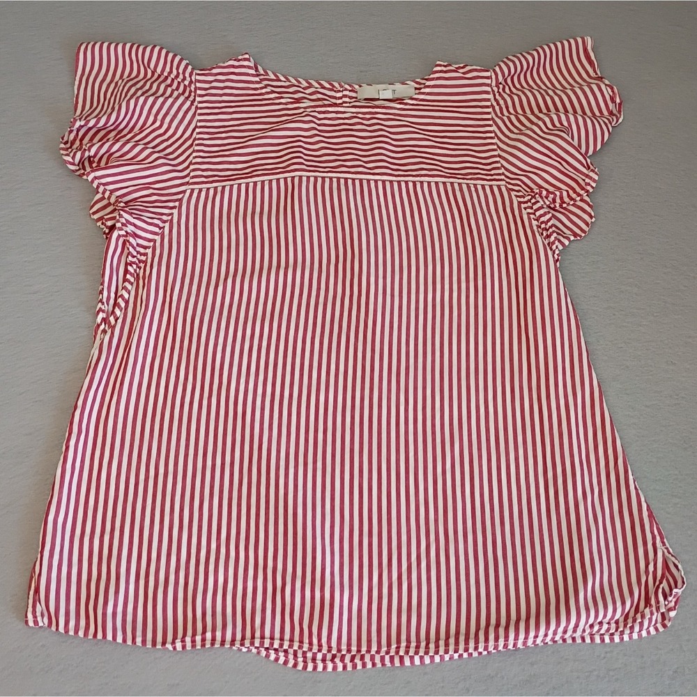 Loft Red White Striped Flutter Short Ruffled Sleeve Blouse Patriotic Americana M